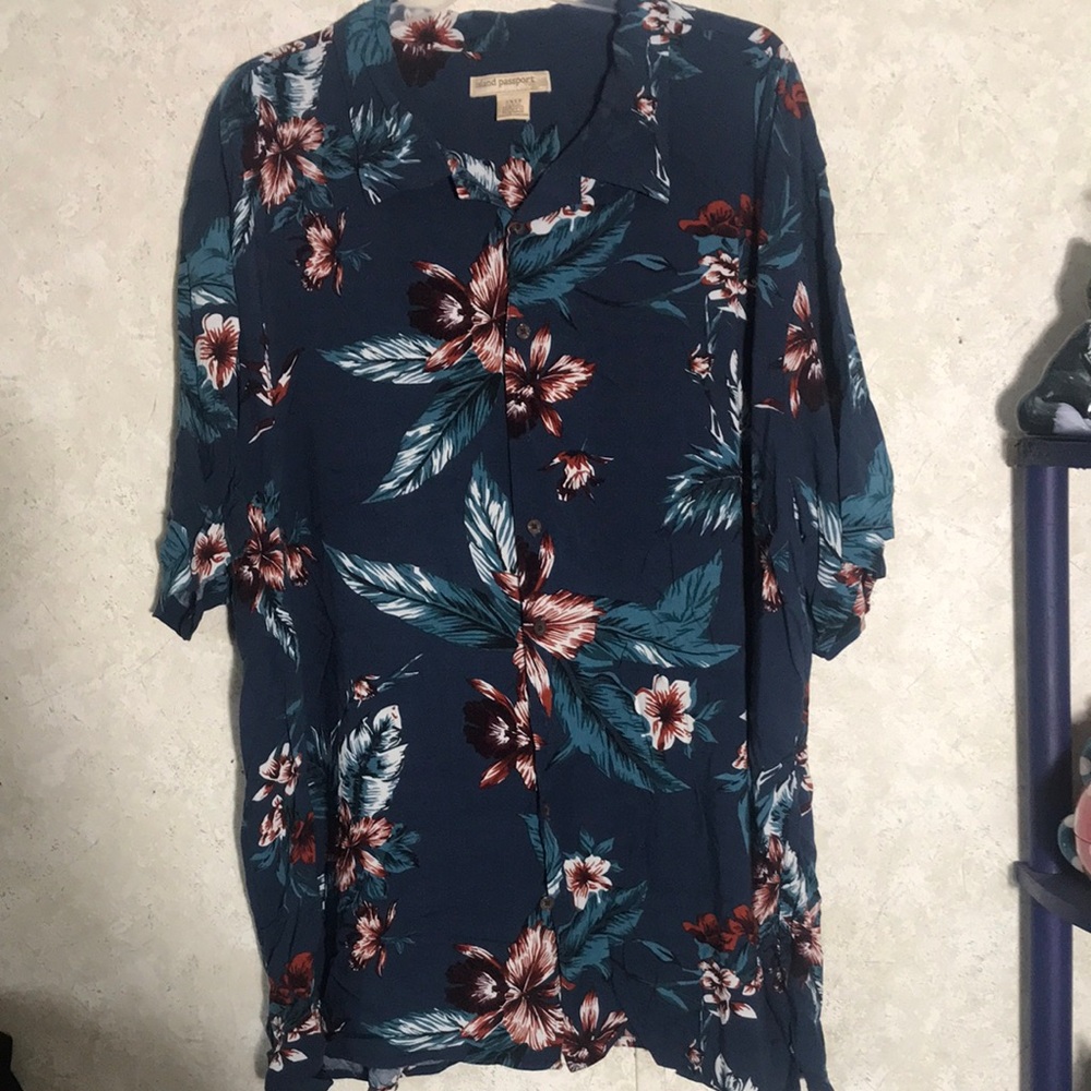 Mens Island Passport Blue Green Buttoned down Hawaiian short sleeve shirt